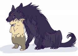 Size: 2048x1470 | Tagged: safe, artist:marchingfishes, oc only, drowzee, generation 1 pokemon, generation 3 pokemon, mightyena, pokemon (species), anthro, fat, feral, pokémon, colored, digital, flat colored, 3 toes, alternate species, clasped hands, digitigrade, duo, featureless crotch, hands together, leaning on partner, looking up at partner, nervous, nervous sweat, sharp teeth, sitting, size difference, smug, toe claws, toothy grin