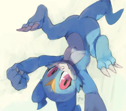 Size: 1700x1495 | Tagged: safe, artist:edtropolis, digimon (species), veemon, anthros only, cub, cubs only, male, males only, semi-anthro, solo anthro, solo cub, solo male, young, digimon, digital, fully shaded, 3 toes, clenched fist, featureless chest, featureless crotch, fleshy horns, jagged mouth, looking at you, navel, not yet on e621, open legs, reaching out, red eyes, solo, tapering tail, upside down
