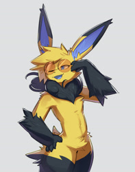 Size: 1984x2524 | Tagged: safe, artist:roy arashi, oc:nimbus the jolteon, eeveelution, generation 1 pokemon, jolteon, pokemon (species), anthro, anthros only, male, males only, slender, solo anthro, solo male, twink, pokémon, 4 fingers, anthrofied, colored glasses, ears up, featureless chest, featureless crotch, gesture, glasses, hand on hip, hand to face, long ears, looking back, neck fluff, not yet on e621, posing, solo, standing, three-quarter portrait, wide hips, winking