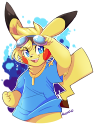 Size: 1348x1761 | Tagged: safe, artist:pixelyteskunk, oc:sunny the pikachu, generation 1 pokemon, pikachu, pokemon (species), anthro, anthros only, cub, cubs only, male, males only, solo anthro, solo cub, solo male, young, pokémon, cel shaded, 5 fingers, adjusting clothing, anthrofied, bottomless, cheek spots, clenched fist, clothing, cosplay, determination, digimon fandom, fingers, goggles, goggles on head, hair, half-length portrait, looking away, not yet on e621, one arm up, open mouth, open smile, shirt, smiling, solo, t-shirt, taichi yagami cosplay
