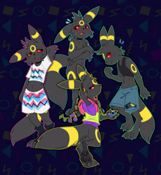 Size: 1743x1905 | Tagged: safe, artist:puropoly, unknown oc, eeveelution, generation 2 pokemon, pokemon (species), umbreon, anthro, anthros only, cub, cubs only, male, males only, slender, solo anthro, solo cub, solo male, young, young only, pokémon, sketch page, 3 toes, anthrofied, barefoot, blushing, bored face, bottomless, clothing, convenient censorship, digitigrade, embarrassed, flying sweatdrops, front view, headphones, hood down, hugging self, jeans shorts, listening to music, looking away, looking sideways, midriff, multiple outfits, multiple poses, navel, nervous, nervous sweat, not yet on e621, noticing, pawpads, rear view, rubbing head, shirt, shorts, sleeveless hoodie, socks without shoes, solo, t-shirt, tank top, tight clothing, toe claws, toeless socks, torn clothes, vaporwave, walking, walkman