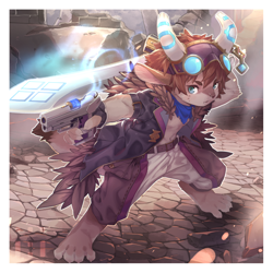 Size: 1200x1200 | Tagged: safe, artist:umani, beat bladesman fur hire, eulipotyphlan, hedgehog, mammal, anthro, anthros only, athletic, cub, cubs only, male, males only, solo anthro, solo cub, solo male, young, yu-gi-oh!, 4 toes, aiming, barefoot, black clothing, black coat, blue kerchief, blue neckerchief, bottomwear, brown body, brown clothing, brown fur, brown hair, brown pants, clothing, coat, detailed background, digitigrade, dual wielding, exposed chest, eyewear, eyewear on head, feet, fighting stance, fur, fur hire, glowing, glowing weapon, goggles, goggles on head, green eyes, gun, hair, handgun, holding weapon, horn, jacket, kemono, kerchief, looking sideways, magic, melee weapon, neckerchief, neckwear, object on shoulder, open clothing, open jacket, pants, solo, spines, standing, sword, tan body, tan fur, toes, topwear, weapon, whiskers, white clothing, white pants, wide stance, wielding weapon