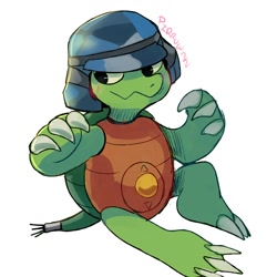 Size: 2000x2000 | Tagged: safe, artist:pirruwan, digimon (species), kamemon, ambiguous gender, anthro, cub, cubs only, solo cub, young, digimon, sketch, 3 fingers, 3 toes, armor, arms up, blush lines, claw fingers, claw toes, claws, featureless crotch, finger claws, front view, full-length portrait, green body, headwear, helmet, jagged mouth, looking away, looking sideways, one knee up, scalie, shell, sitting, smiling, solo, toe claws