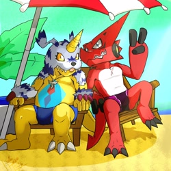 Size: 3000x3000 | Tagged: suggestive, artist:heibanhikaru, oc only, oc:axl shoutmon, digimon (species), gabumon, shoutmon, anthro, anthros only, chubby, cub, cubs only, male, muscular, young, young only, digimon, digital, fully shaded, 3 fingers, 5 fingers, barefoot, beach, beach chair, beach umbrella, belly, belly markings, blep, bulge, claws, clothing, duo, fingers, front view, full-length portrait, fur pelt, gesture, hand on armrest, horn, jagged mouth, leaning to side, looking at you, markings, musclegut, one arm up, one knee up, open legs, pendant, posing, red body, sand, scalie, scar, sitting, smiling, smiling at you, speedo, stinger tail, swimsuit, tilted chair, toe claws, tongue out, topless, v sign, yellow body