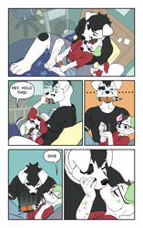 Size: 3400x5400 | Tagged: safe, artist:minishadefox, oc only, oc:dominic briareus, oc:jakey pup, canid, dalmatian, dog, mammal, adult, adult/cub, adult/young, anthro, anthro/anthro, anthros only, boy, cub, male, male/male, males only, man, man/boy, young, colored, digital, flat colored, 2 missing limbs, age difference, amputee, annoyed, bed, bedding, blue eyes, blush lines, blushing, closed eyes, clothing, comic, dialogue, dripping saliva, duo, eyes closed, eyewear, floppy ears, glasses, high-angle view, holding chin, holding in mouth, in lap, kissing, lego, markings, missing arm, on bed, open legs, ordering, pillow, purple eyes, rug, saliva, shirt, shorts, sitting, size difference, speech bubble, spots, spotted markings, spreading, surprised, topwear, wide eyed