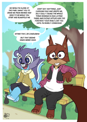 Size: 1458x2043 | Tagged: suggestive, artist:unboxyguy, oc only, oc:fynn, oc:valor, mammal, rodent, sciurid, squirrel, anthros only, cub, cubs only, male, males only, young, young only, colored, flat colored, barefoot, bench, buckteeth, censored dialogue, censored text, clothing, dangling legs, dialogue, duo, english text, front view, full-length portrait, fully clothed, fur, hair, holding hands, kicking legs, leaning on one arm, nervous, nervous sweat, outdoors, park, plant, profanity, sitting, size difference, smiling, speech bubble, tail, talking, talking to partner, teeth, text, wide eyed