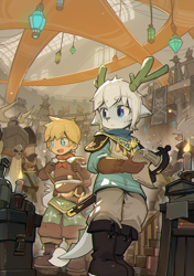 Size: 1238x1754 | Tagged: safe, artist:koken, oc only, oc:arga, oc:naruchi, dragon, eastern dragon, human, mammal, mythological creature, boy, boys only, cub, cubs only, males only, young, young only, digital, antlers, audience, background character, duo, fantasy, front view, full-length portrait, holding backpack, holding paper, indoors, looking away, low-angle view, sheathed weapon, silhouette, smiling, standing, tail fluke, walking