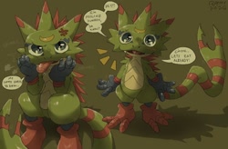 Size: 834x546 | Tagged: safe, artist:qrnrr, gekkomon (beatbreak), digimon (species), gekkomon, cub, cubs only, male, males only, solo cub, solo male, young, digimon, digimon beatbreak, annoyed, arms down, bodily fluids, crescent markings, cross-popping vein, dialogue, drooling, elbows on knees, head in hands, hungry, looking at you, pouting, saliva, sitting, solo, speech bubble, standing sitting, tail, talking, talking to you, text, tongue, tongue out, whining, wide hips