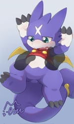Size: 1217x2048 | Tagged: suggestive, artist:mitsucat, digimon (species), gumdramon, anthro, cub, cubs only, male, males only, plantigrade, semi-anthro, solo cub, solo male, young, digimon, arms up, blue eyes, blush lines, blushing, claw toes, claws, clothing, crop top, disembodied hand, duo, embarrassed, featureless crotch, grabbing sides, groping, groping chest, hammer tail, hiked up shirt, purple body, scalie, shirt, solo, solo focus, topwear, weapon tail, wings