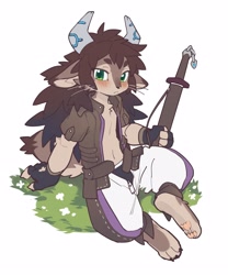 Size: 2360x2832 | Tagged: safe, artist:okonomiyakis9, beat bladesman fur hire, hedgehog, mammal, anthro, anthros only, cub, cubs only, male, males only, plantigrade, slender, solo anthro, solo cub, solo male, young, yu-gi-oh!, colored, flat colored, 3 toes, 4 fingers, barefoot, blushing at you, clothing, ears down, featureless chest, fingerless gloves, fur hire, holding weapon, horns, jacket, leaning on one arm, looking at you, neutral face, open clothing, open fly, open jacket, sheathed weapon, sitting, solo, sword, underwear, weapon, whiskers, zipper down